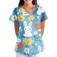 thumbnail image 1 of Women's V-Neck Short Sleeve Easter Bunny Print Scrub Tops - Medical Workwear for Easter & Daily Shift, 1 of 5