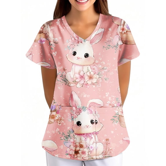 Women's V-Neck Short Sleeve Easter Bunny Print Scrub Tops - Medical Workwear for Easter & Daily Shift