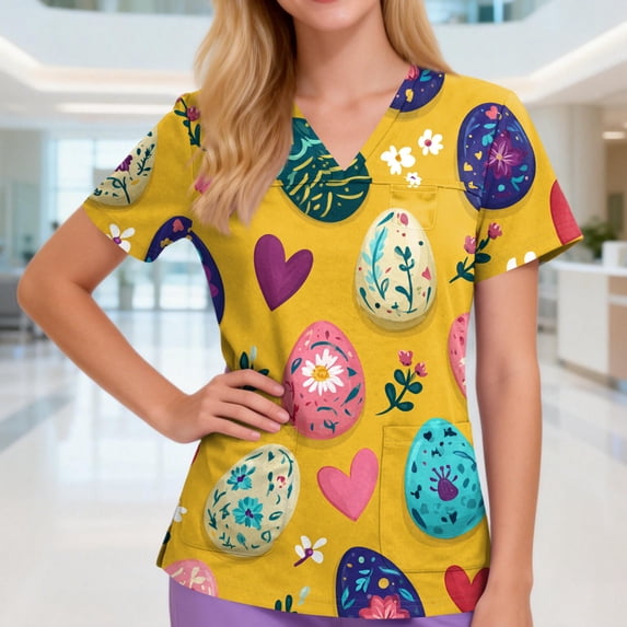 Women's V-Neck Short Sleeve Easter Bunny Print Scrub Tops - Medical Workwear for Easter & Daily Shift