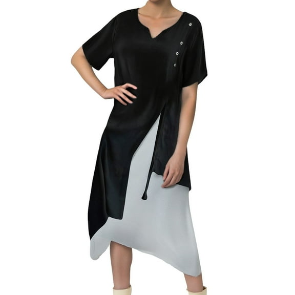 Women's V Neck Short Sleeve Two Piece Asymmetrical Dress Polyester, Stretchy, Machine Washable, Multiple Sizes