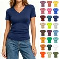 thumbnail image 1 of Women's V-Neck Short Sleeve Fitted T-Shirt，Everyday Casual Stretch Slim V Neck Tee, Women's Plus Dark Blue,Size S-5XL, 1 of 5