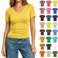 thumbnail image 1 of Women's V-Neck Short Sleeve Fitted T-Shirt，Everyday Casual Stretch Slim V Neck Tee, Women's Plus Light Yellow,Size S-5XL, 1 of 5