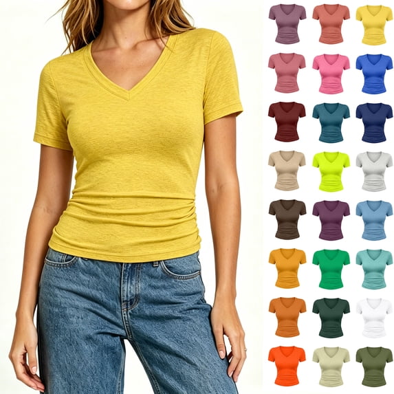 Women's V-Neck Short Sleeve Fitted T-Shirt,Everyday Casual Stretch Slim V Neck Tee, Women's Plus Light Yellow,Size S-5XL