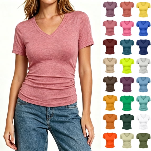 Women's V-Neck Short Sleeve Fitted T-Shirt,Everyday Casual Stretch Slim V Neck Tee, Women's Plus Red,Size S-5XL
