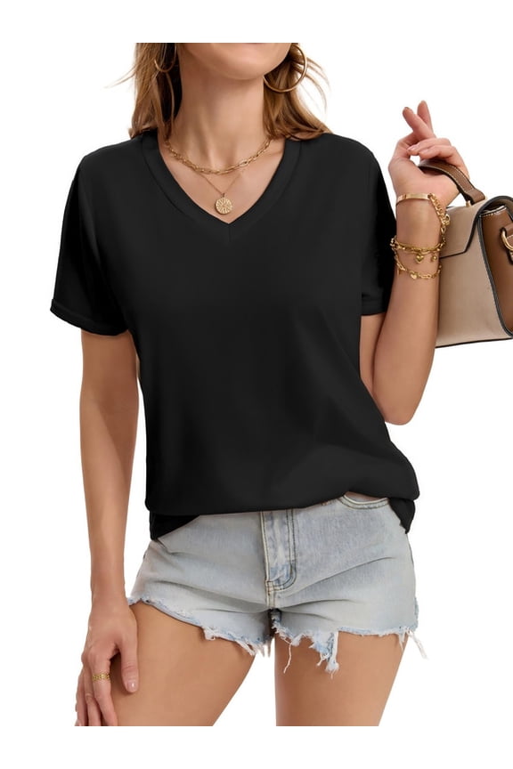 Women's V Neck Short Sleeve Fitted T-Shirt Stretchy Basic Bodycon Top Casual Active Style