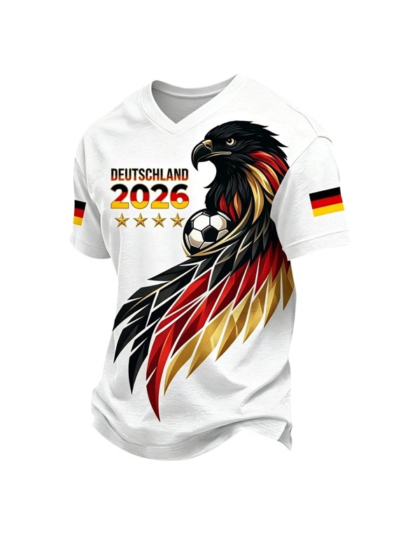 Women's V-Neck Short Sleeve Germany Football Jersey with Eagle and Soccer Ball Graphic, Lightweight Breathable Fan Shirt, Quick Dry Athletic Top for Game Day and Casual Outings