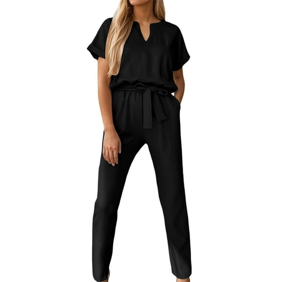 Women's V Neck Short Sleeve Jumpsuit Casual Wear Belted Romper Summer Outfit with Pockets Stylish Comfortable Travel Outfits