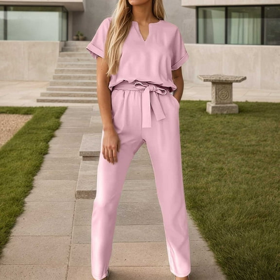 Women's V Neck Short Sleeve Jumpsuit with Belt Casual Wear Summer Romper for Dating Shopping Street Style