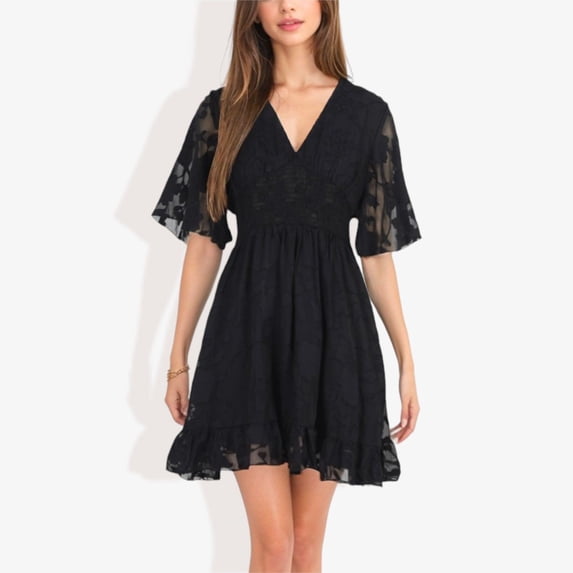Women's V-Neck Short Sleeve Lace Mini Dress- Large, Black