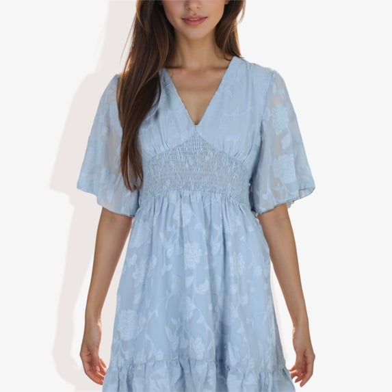 Women's V-Neck Short Sleeve Lace Mini Dress- Large, Light Blue
