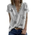 thumbnail image 1 of Women's V Neck Short Sleeve Lace Neck T-shirt, Summer Star Blouses Vintage Elegant Tunic Shirt Tops, Light Gray, 3XL, 1 of 10