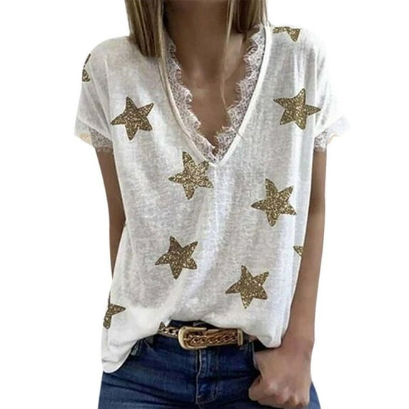 Women's V Neck Short Sleeve Lace Neck T-shirt, Summer Star Blouses Vintage Elegant Tunic Shirt Tops, White, L