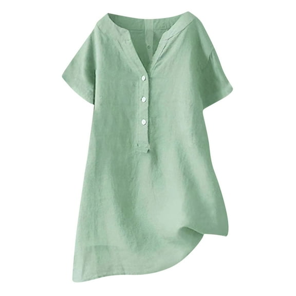 Women's V-Neck Short Sleeve Loose Button Cotton and Linen Tunic Shirts Summer Shirts Blouse