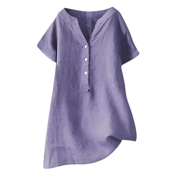 Women's V-Neck Short Sleeve Loose Button Cotton and Linen Tunic Shirts Summer Shirts Blouse