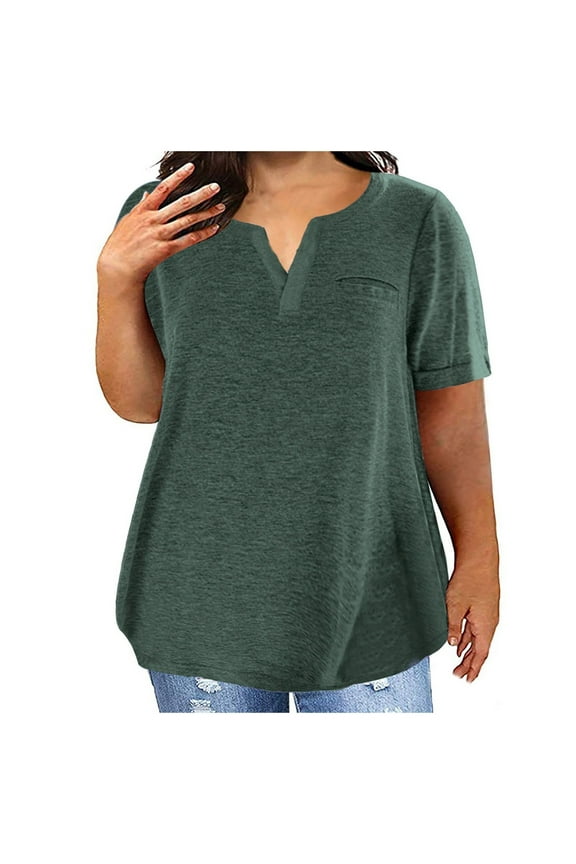 Women's V Neck Short Sleeve Loose Fit Top Blouse Tee Shirt Casual Summer Seasonal Comfort Fit Breathable Pullover Stylish Design Trendy Apparel Clothing Garment Attire Wear Outerwear