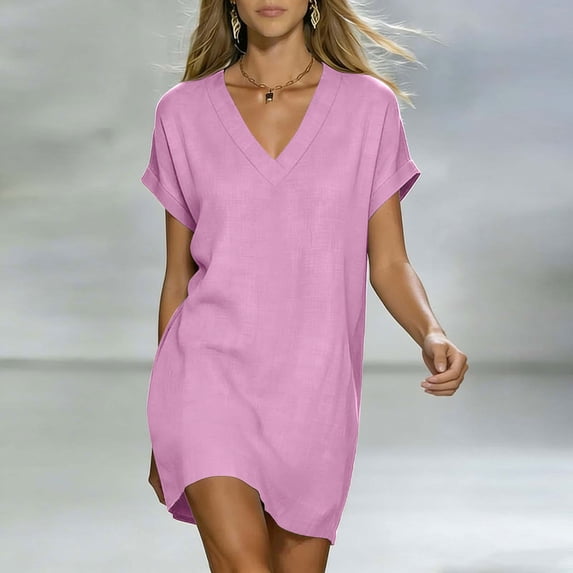 Women's V-Neck Short Sleeve Loose T-Shirt Dress for Casual Summer Beach Wear