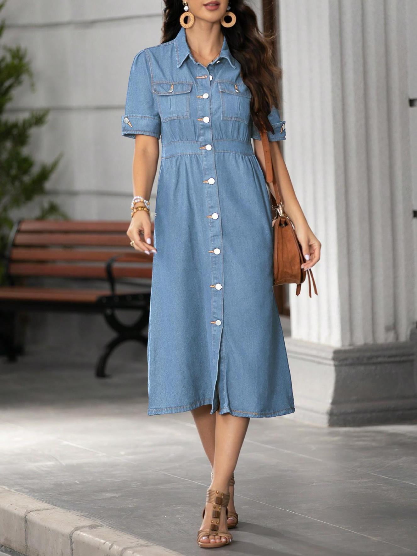 Short-sleeved U-neck Distressed Denim Dress