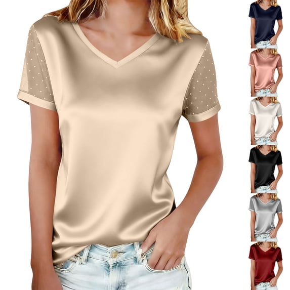 Women's V-Neck Short Sleeve Mesh Top Tops Shirts Blouses Solid Color Rhinestone Embellished Casual Daily Wear Work Office Vacation Fashion Essential Gift for Women | CSEONE,Wine L