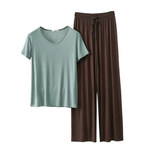 Women's V-Neck Short Sleeve Pajama Set - Lightweight Summer Sleepwear with Loose-Fit Long Pants