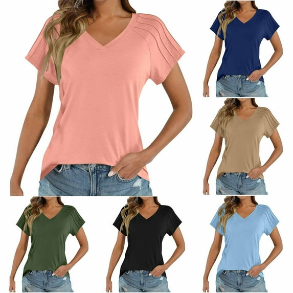 Women's V Neck Short Sleeve Pullover Tops Shirts Blouses Solid Color Loose Fit Casual Daily Wear Work Office Vacation Fashion Essential Gift for Women | CSEONE,Khaki L