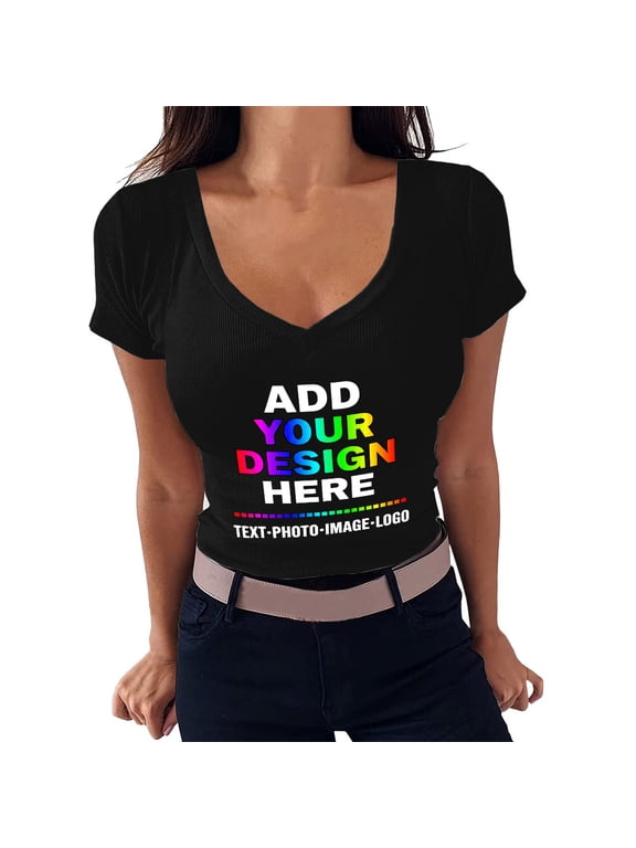 Women's V‑Neck Short Sleeve Ribbed Knit Crop Top, Customizable Casual Slim‑Fit T‑Shirt Black XL