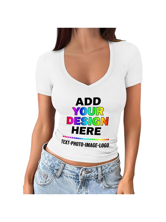 Women's V‑Neck Short Sleeve Ribbed Knit Crop Top, Customizable Casual Slim‑Fit T‑Shirt White M