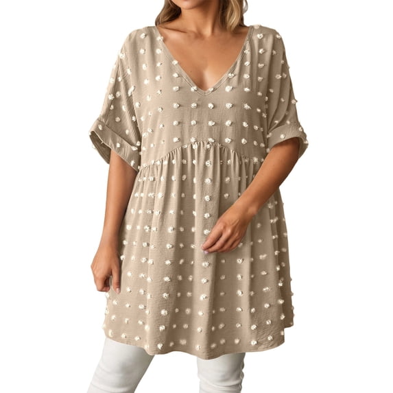 Women's V Neck Short Sleeve Ruffle Loose Summer Flowy Mini Dress