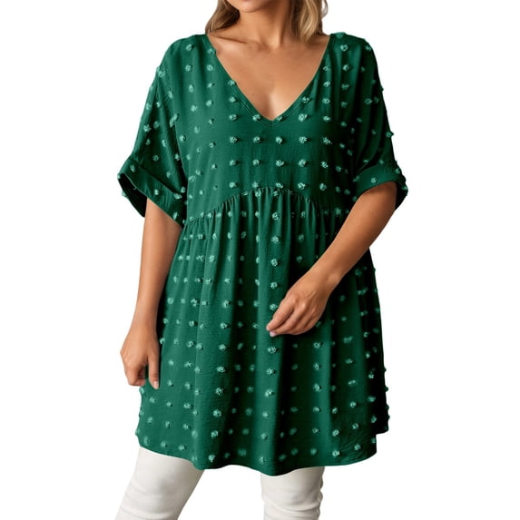 Women's V Neck Short Sleeve Ruffle Loose Summer Flowy Mini Dress