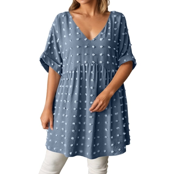 Women's V Neck Short Sleeve Ruffle Loose Summer Flowy Mini Dress