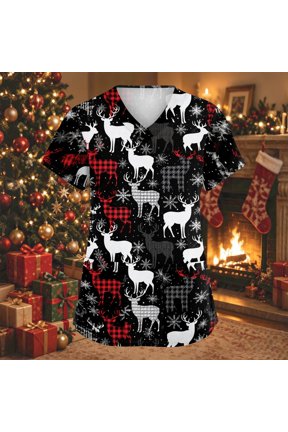 Women's V‑Neck Short Sleeve Scrub Top Christmas Printed Work Tunic With Pockets for Nursing and Care Workers