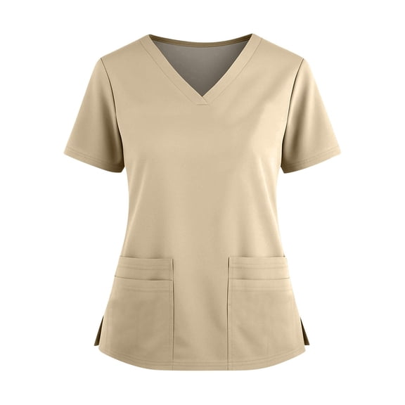 Women's V-Neck Short Sleeve Scrub Top with Two Front Pockets and Side Slit Hem, Solid Color Lightweight Breathable Medical Uniform Shirt for Nurses Workwear Beige XXXXL