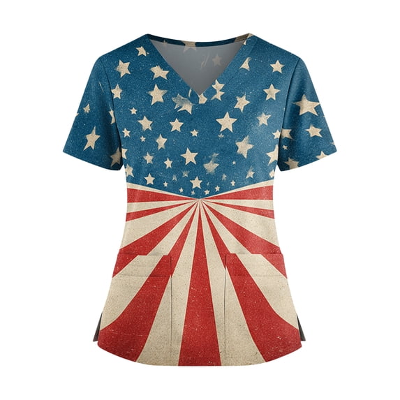Women’s V Neck Short Sleeve Scrub Top with Double Pockets and Side Slits Patriotic Star Stripe Print Nurse Uniform Shirt
