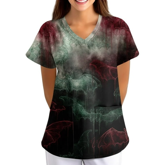 Women's V-Neck Short Sleeve Scrub Top with Pockets, Artistic Print, Lightweight Breathable Uniform Shirt for Work