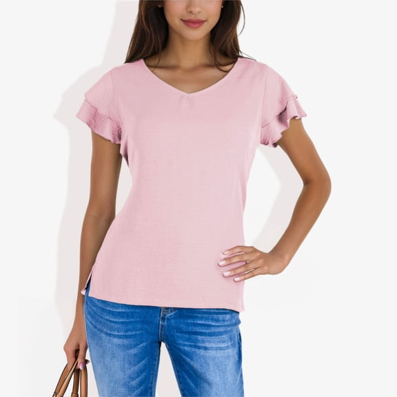 Women's V-Neck Short Sleeve Shirt with Soft Ruffle Sleeves and Textured Fabric for a Feminine Casual Look - Small, Pink