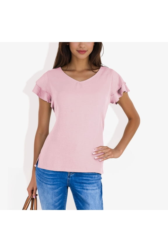 Women's V-Neck Short Sleeve Shirt with Soft Ruffle Sleeves and Textured Fabric for a Feminine Casual Look - X Large, Pink