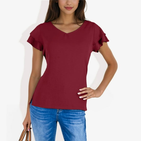 Women's V-Neck Short Sleeve Shirt with Soft Ruffle Sleeves and Textured Fabric for a Feminine Casual Look - XX Large, Burgundy