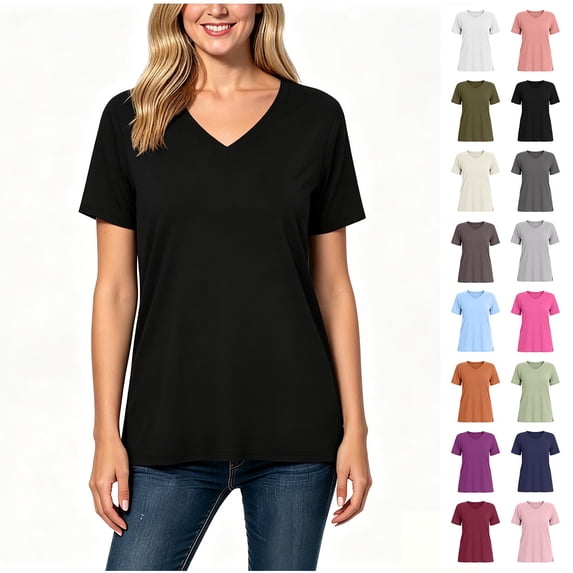 Women's V-Neck Short Sleeve Side Slit Loose Fit Tunic T-Shirt, Women's Plus Black,Size S-3XL