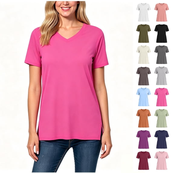 Women's V-Neck Short Sleeve Side Slit Loose Fit Tunic T-Shirt, Women's Plus Hot Pink,Size S-3XL
