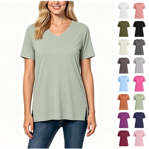 Women's V-Neck Short Sleeve Side Slit Loose Fit Tunic T-Shirt, Women's Plus Mint Green,Size S-3XL