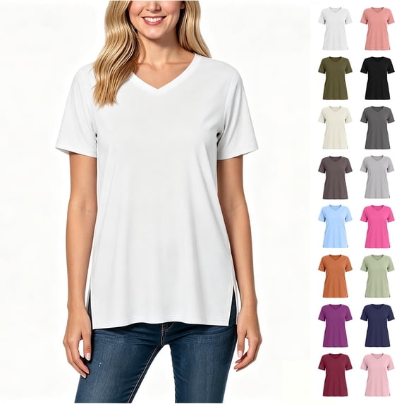 Women's V-Neck Short Sleeve Side Slit Loose Fit Tunic T-Shirt, Women's Plus White,Size S-3XL