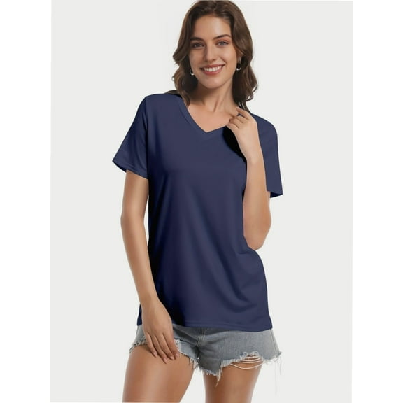 Women's V-Neck Short Sleeve T-Shirt - Slim Fit Stretchy Bodycon Top - Casual & Active Wear Basic Tee