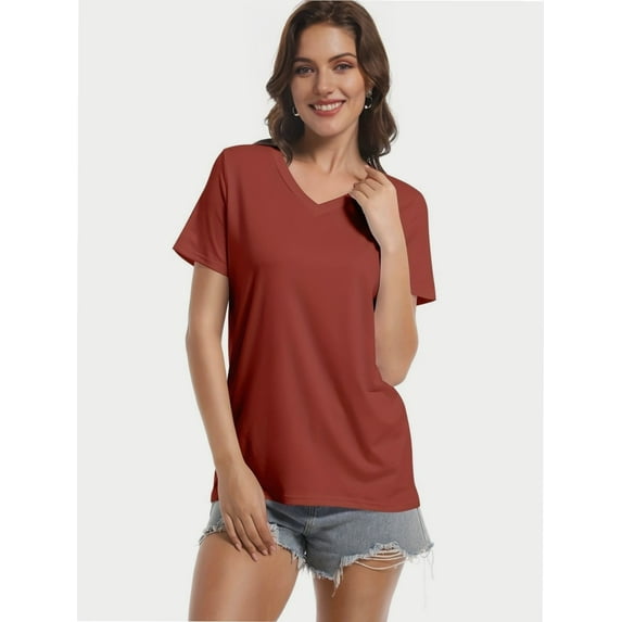 Women's V-Neck Short Sleeve T-Shirt - Slim Fit Stretchy Bodycon Top - Casual & Active Wear Basic Tee