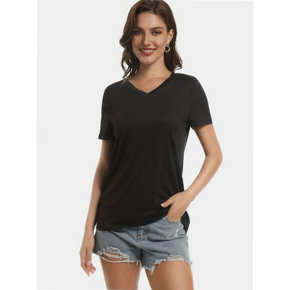 Women's V Neck Short Sleeve Slim Fitted T-Shirt Stretchy Bodycon Basic Top Casual Active Tee