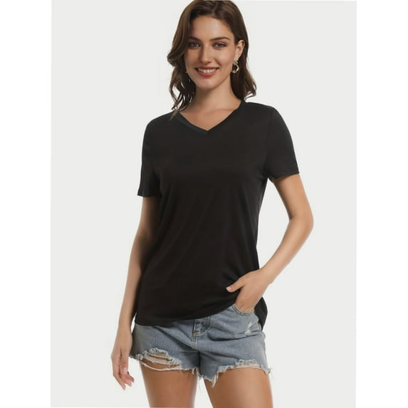 Women's V-Neck Short Sleeve T-Shirt - Slim Fit Stretchy Bodycon Top - Casual & Active Wear Basic Tee