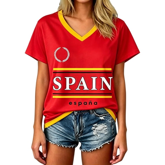 Women's V Neck Short Sleeve Soccer Top, Spain National Team Themed Gradient 2026 Soccer Cup Casual Match Day Outfit Shirt