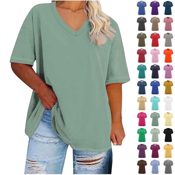 Women's V Neck Short Sleeve T‑Shirt, Loose Oversized Casual Solid Color Tee Top