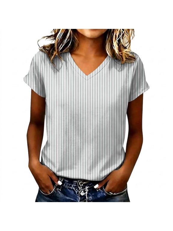 Women's V Neck Short Sleeve T Shirt with Vertical Striped Print, Casual Fashion Top with Relaxed Loose Fit, for Summer Daily Wear or Weekend Casual Outings Mint Green M