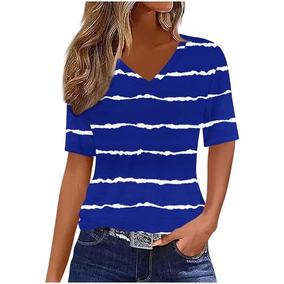 Women's V-Neck Short Sleeve T-Shirt with Scattered Stripes, Casual Irregular Stripe Print Top for Everyday Summer Wear