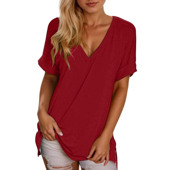 Women's V Neck Short Sleeve T-Shirts Casual Comfortable Pure Color Blouse Top for Daily Wear with Jeans Summer Women Shirts Casual Tunic Tops Tees
