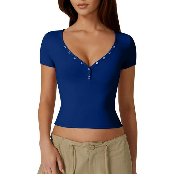 Women's V Neck Short Sleeve T Shirts Double Lined Tee Seamed Cup Going Out Tops, Under 10 Dollar